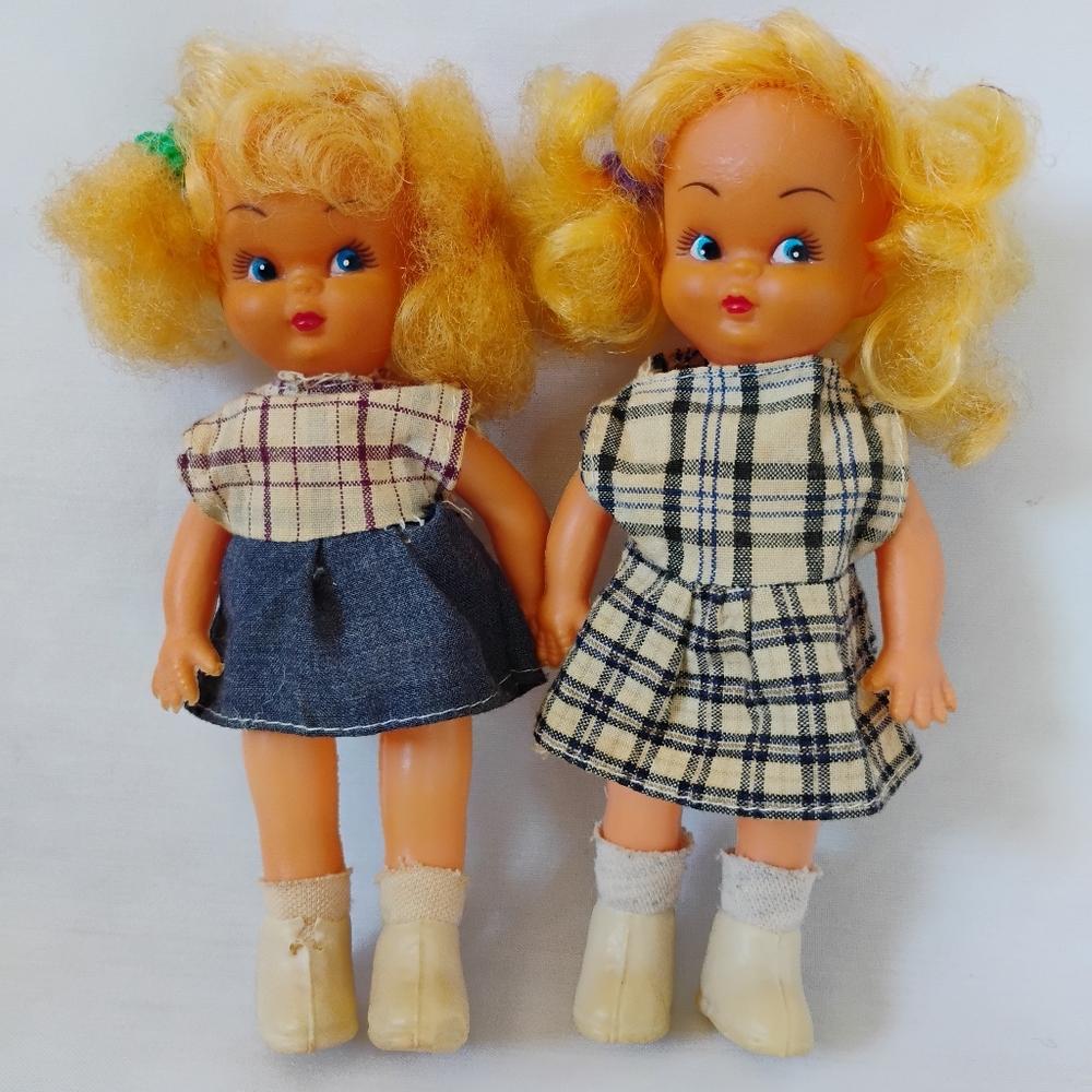 2 Vintage Elmar Little Amy Dolls Girls Toys Blonde Hair Blue Eyes Plaid Dress